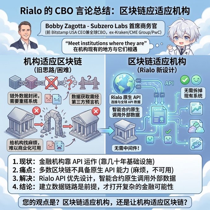 Chinese-language infographic titled "Rialo的CBO言论总结：区块链应适应机构" featuring Bobby Zagotta of Subzero Labs, contrasting traditional institution-to-blockchain adaptation with Rialo's API-based approach.