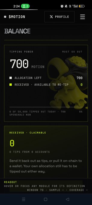 A mobile app screenshot identical to image 2 displays a 'BALANCE' screen for '$MOTION' showing 'TIPPING POWER' of 700 MOTION.