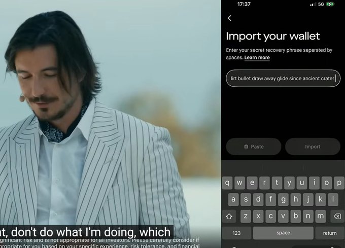 The image is a split-screen meme: on the left, Robinhood CEO Vlad Tenev (in a striped blazer) appears concerned, with a caption warning viewers not to do what he's doing, while on the right a phone screen shows a crypto wallet "Import your wallet" prompt with a secret recovery phrase ("lirt bullet draw away glide since ancient crater") being entered. 

The meme humorously connects Tenev's cautionary advice to the post's claim that his own private key/wallet information was leaked, implying hypocrisy in his warnings about crypto security.