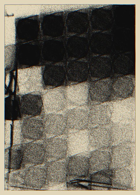 The image features a high-contrast grid pattern with dark, textured squares dominating the upper portion that gradually fade into lighter, faded squares below, creating a sense of emerging from darkness into light—fittingly representing "The Silence" project. This aesthetic of shadowy forms resolving into clarity visually echoes the meditative, introspective nature of an exhibition about silence.