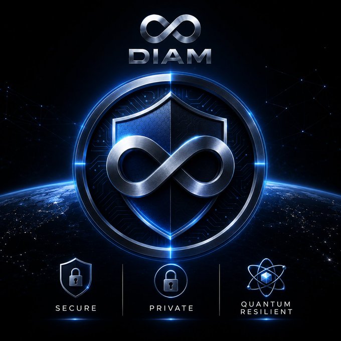 The image displays the "DIAM" logo with an infinity symbol within a shield, representing quantum-resilient security, as Diam built their foundation with quantum security from day one in anticipation of quantum computing threats. The logo is set against a backdrop of Earth at night, illuminated by glowing network lines and futuristic circuit patterns.
