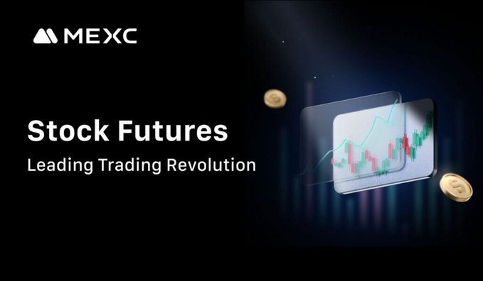 A promotional banner for MEXC's 'Stock Futures' service with the tagline 'Leading Trading Revolution,' featuring a stylized stock chart and floating gold coins.