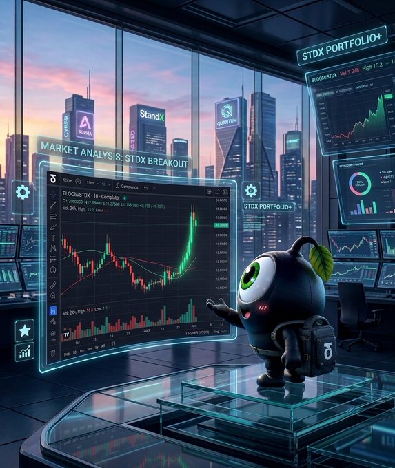 A digital illustration of a small, one-eyed robot-like character with a leaf on its head standing in a futuristic high-rise trading room, looking at holographic screens displaying crypto market analysis with text including "MARKET ANALYSIS: STDX BREAKOUT" and "STDX PORTFOLIO+".