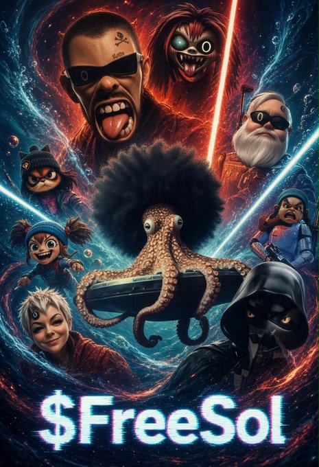 A chaotic, darkly humorous digital illustration referencing Star Wars and other pop culture, featuring an octopus with a pistol, with '$FreeSol' displayed in glitchy text at the bottom.
