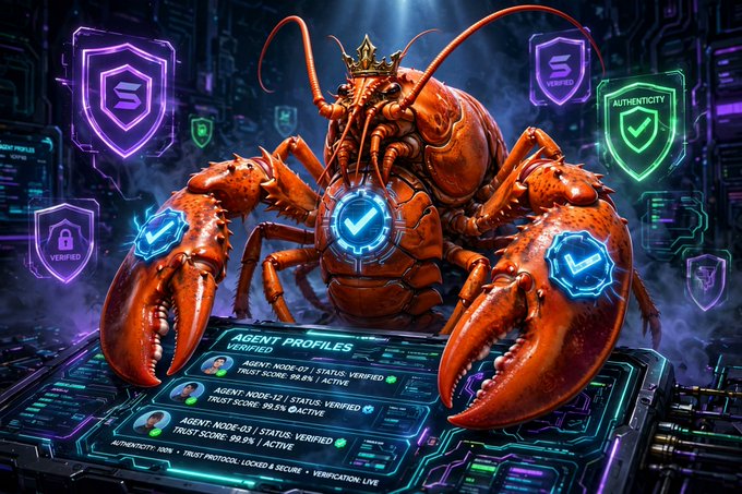 A digital illustration of a red lobster wearing a golden crown, surrounded by neon security shield icons and a holographic 'AGENT PROFILES' verification display.