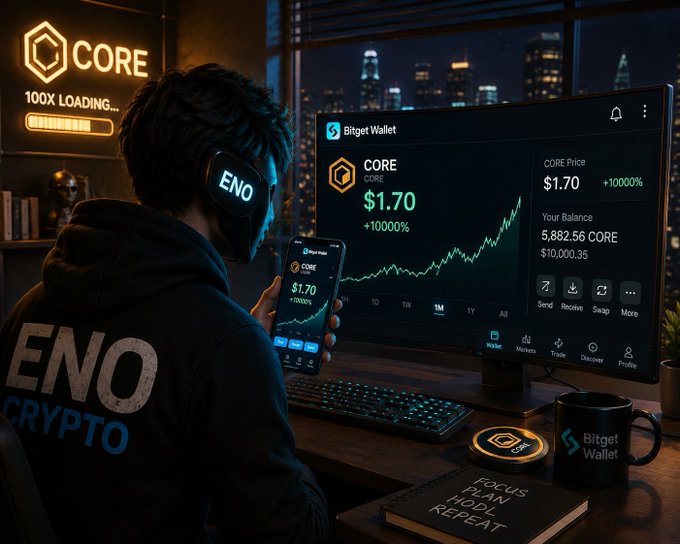 A person wearing 'ENO CRYPTO' branded clothing sits at a desk with a monitor and phone displaying Bitget Wallet, showing CORE token price at $1.70 with a +10000% increase.
