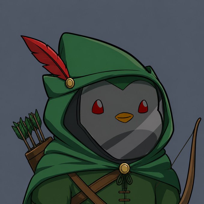 A digital illustration of a character wearing a green hooded cloak with a red feather and a bow and quiver of arrows, featuring a dark visor with red eyes and a yellow beak-like marking.