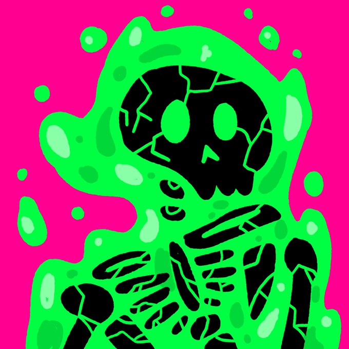 A stylized digital illustration depicts a green, slime-covered skeleton figure with a cracked skull against a bright pink background.