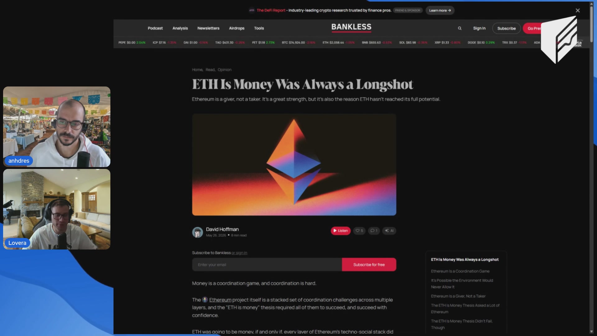 The image shows a computer screen displaying an article about the fall of Ethereum. There are two men sitting at a table with their laptops open, one of them wearing glasses. The background features a blue wall with a white logo that reads "Fall of Ethereum".