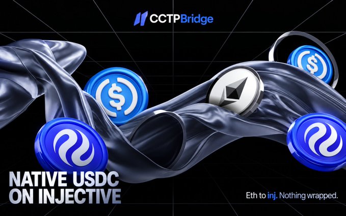 A digital advertisement for CCTP Bridge featuring the text 'NATIVE USDC ON INJECTIVE' and 'Nothing wrapped,' showing cryptocurrency coin graphics including USDC and Ethereum symbols.