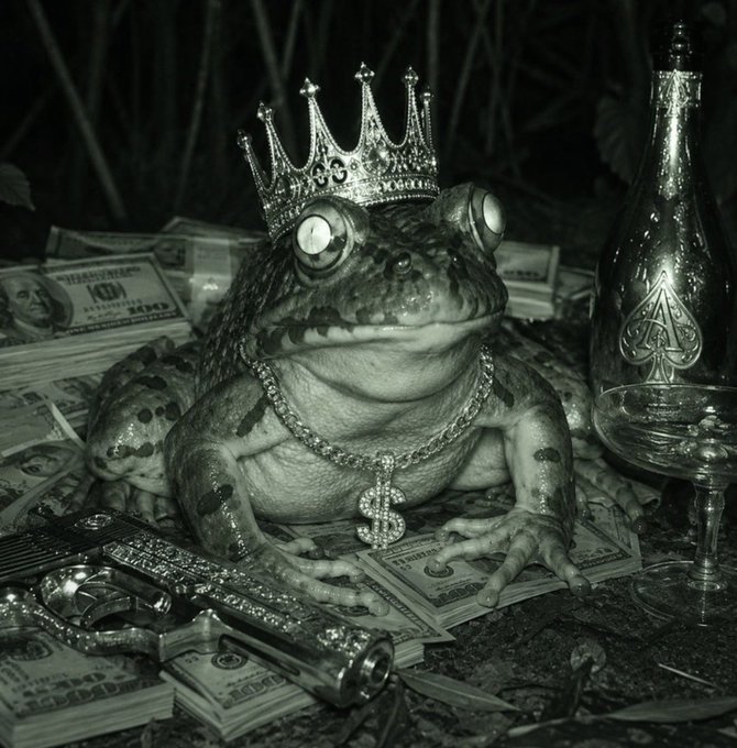 A black-and-white photo of a frog wearing a jeweled crown, dollar sign necklace, and sunglasses, sitting on stacks of hundred-dollar bills next to an ornate pistol and a champagne bottle.