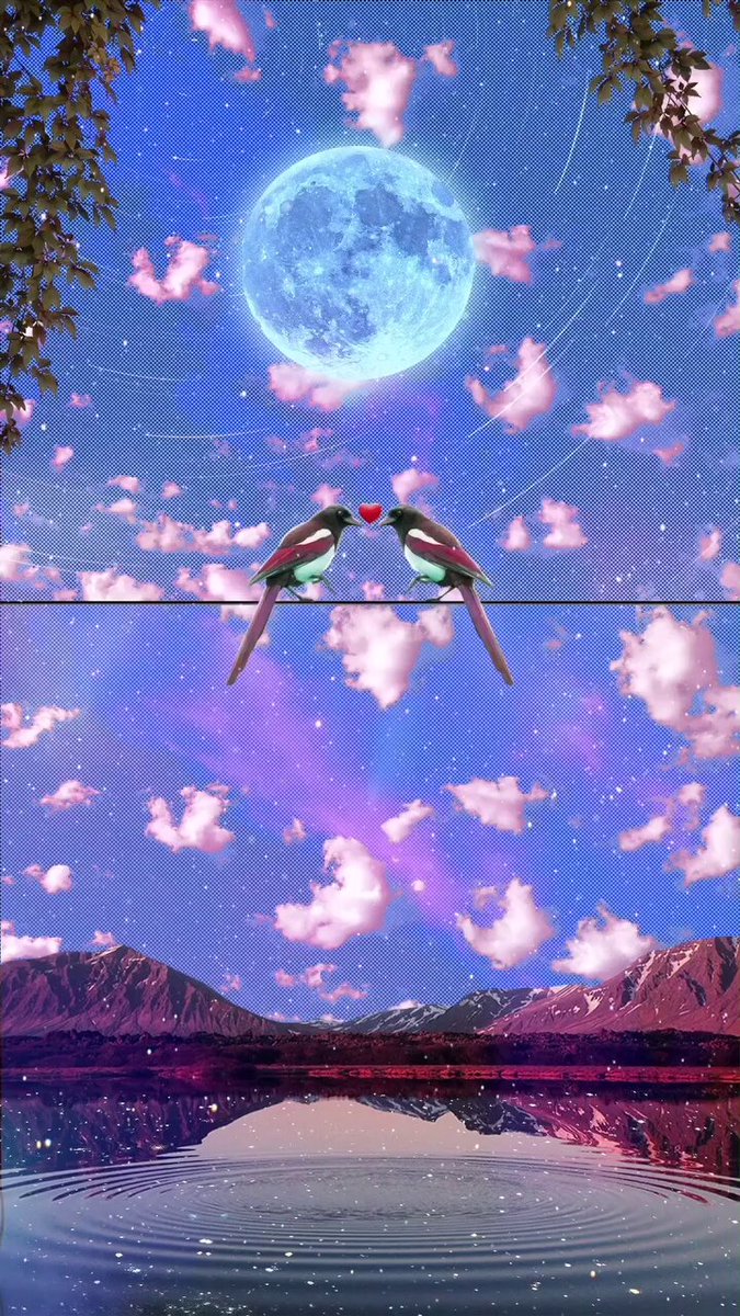 The image features a couple of birds perched on a wire, with one bird having its beak open as if they are kissing each other. The background depicts a beautiful scene of a mountain range under a blue sky filled with clouds, creating an atmosphere of love and romance. The photo is captioned "Twilight Ties" in the corner, which could possibly be related to the couple or their relationship.