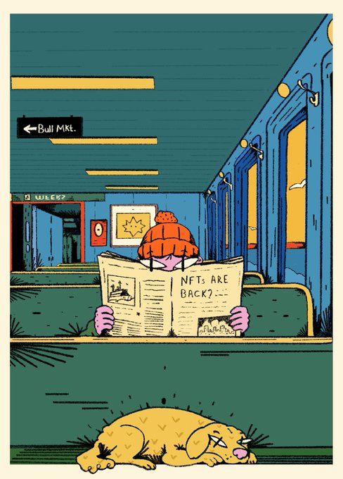 A cartoon illustration of a pink-faced character in an orange beanie reading a newspaper with the headline 'NFTs ARE BACK!' on a subway train, with a cat sleeping on the floor below and signs reading 'Bull Mkt.' and 'XLER?'.