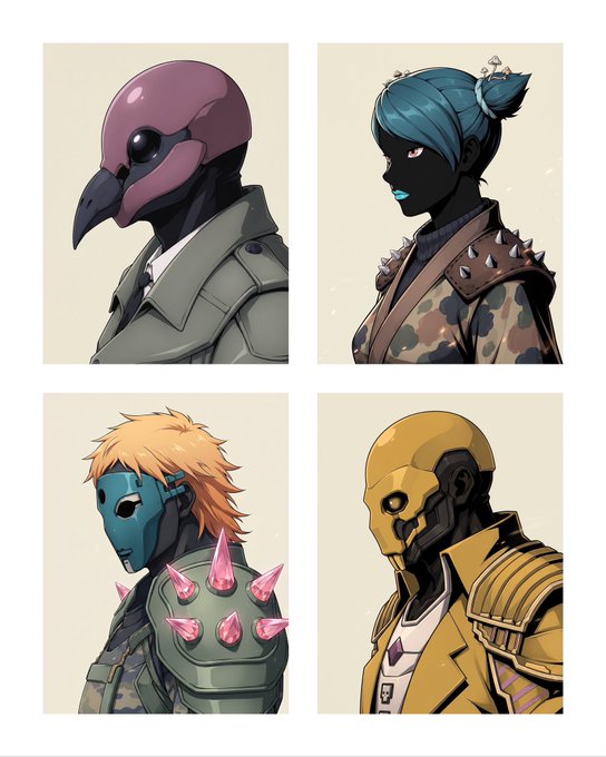 A 2x2 grid of stylized anime-style character portraits featuring futuristic figures including a bird-masked person in a trench coat, a blue-haired character with a spiked collar, a blonde character with a cyan mask, and a yellow robotic figure.