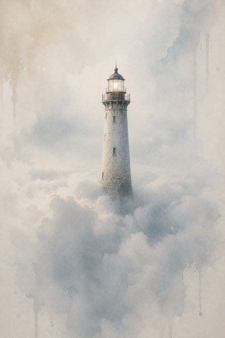 A watercolor-style painting of a stone lighthouse emerging from misty clouds, with a glowing light at the top of its tower.
