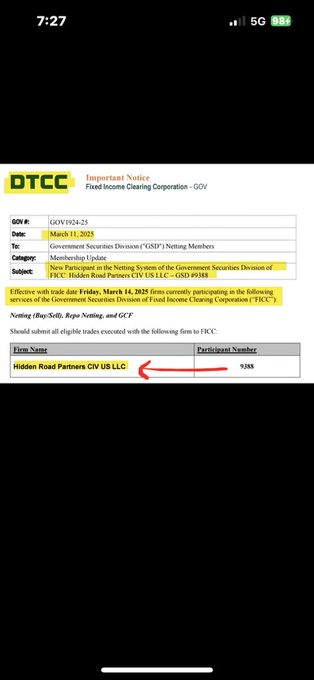 A smartphone screenshot of a 'DTCC Important Notice' dated March 11, 2025, with the subject highlighted as 'New Participant in the Netting System of the Government Securities Division of FICC: Hidden Road Partners CIV US LLC - GRD #9388', pointing to the firm name 'Hidden Road Partners CIV US LLC' with a red arrow.