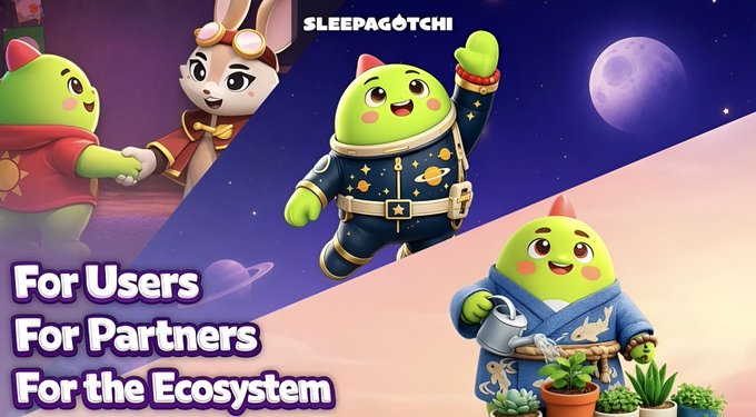 The image features Sleepagotchi's adorable green alien-like mascot in various outfits—a space-themed astronaut suit, a loungewear robe, and traditional Chinese attire—set against a cosmic backdrop with a glowing moon and starry sky. The brand name "SLEEPAGOTCHI" appears at the top, with the tagline "For Users, For Partners, For the Ecosystem" in the corner, visually reinforcing the post's message about seamlessly integrating sleep tracking with wearable technology to earn $SLEEP tokens.