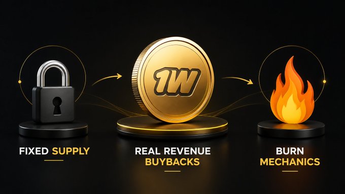 The image displays three labeled pillars of tokenomics—**FIXED SUPPLY** (padlock icon), **REAL REVENUE BUYBACKS** (gold coin with "TW"), and **BURN MECHANICS** (flame icon)—visually representing the green flags mentioned in the post about sustainable token design. The graphic reinforces the caption's message by illustrating the core fundamentals (controlled supply, utility, and long-term support) that distinguish credible projects from fleeting ones.