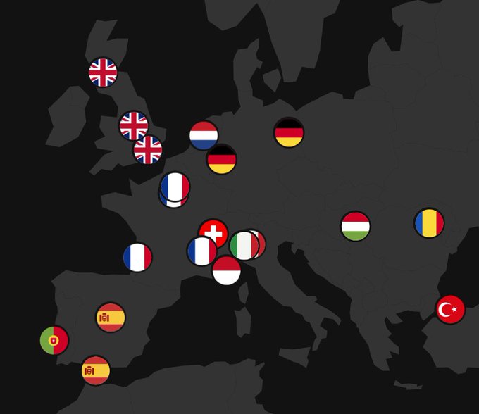 A map of Europe with circular icons displaying various national flags marking different country locations.