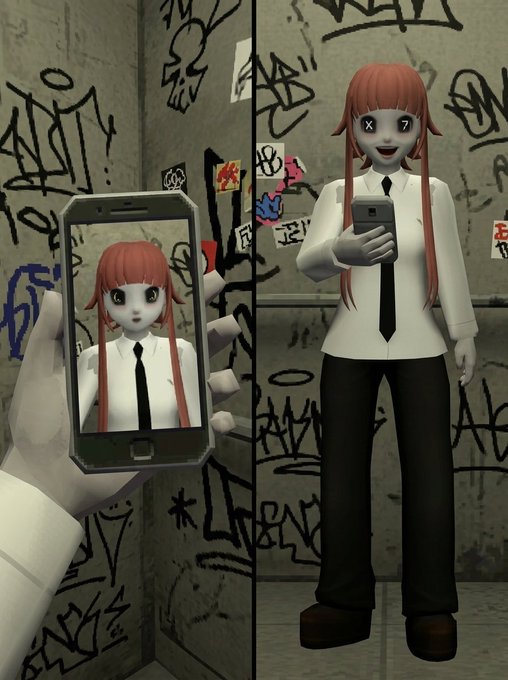 A 3D rendered scene shows a pale, red-haired character in a white shirt and black tie holding a phone in a graffiti-covered room, while another hand holds up a phone displaying her face.