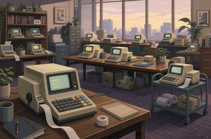 A retro-style office filled with vintage computers and printers on wooden desks, with a city skyline visible through large windows at sunset.