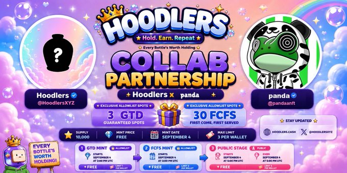 A promotional graphic announces a 'HOODLERS COLLAB PARTNERSHIP' between Hoodlers and panda, featuring 3 GTD spots and 30 FCFS spots, with a mint date of September 4.