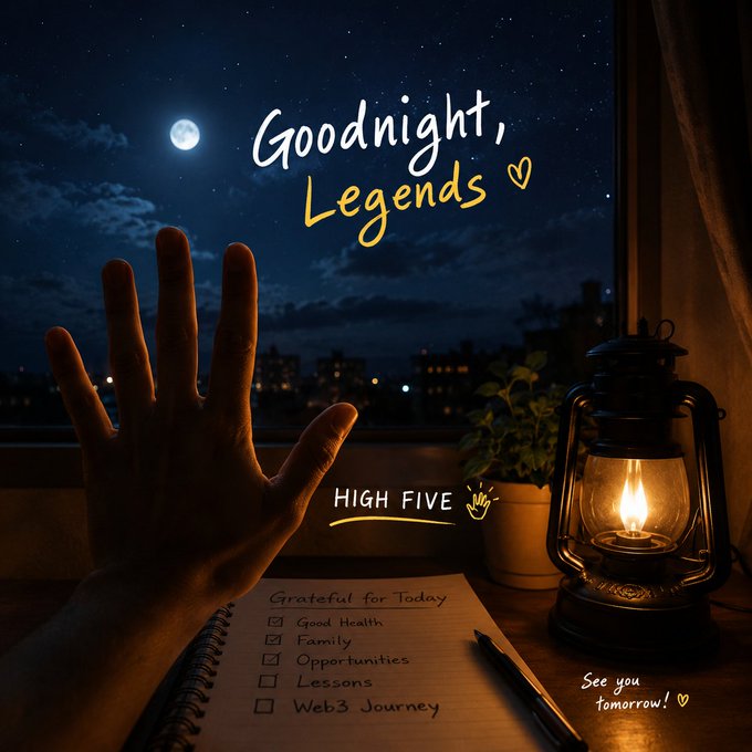 A 'Goodnight, Legends' graphic showing a hand raised for a 'HIGH FIVE' against a moonlit night sky, alongside a lit lantern and a notebook titled 'Grateful for Today' listing Web3 journey items.