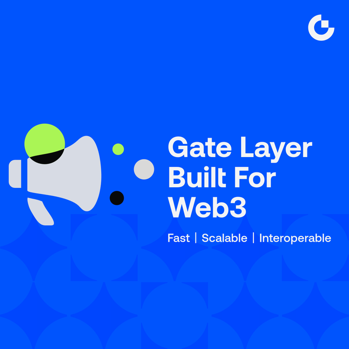 A blue promotional graphic for a 'Gate Layer Built For Web3' with the tagline 'Fast | Scalable | Interoperable' and a megaphone icon.