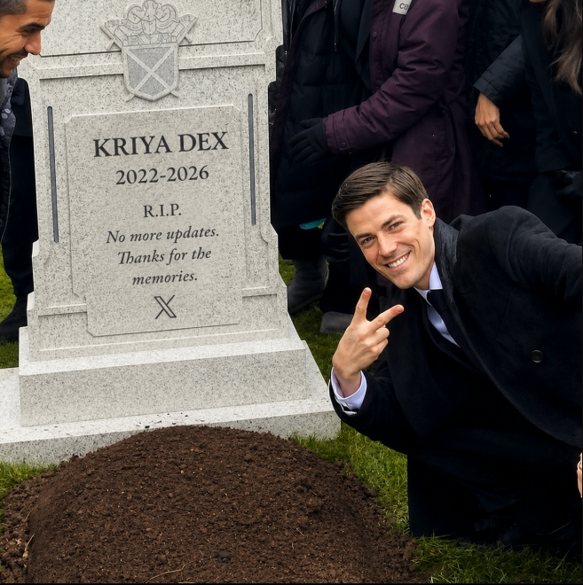 A memorial scene showing a tombstone inscribed 'KRIYA DEX 2022-2026 R.I.P. No more updates. Thanks for the memories.' with a fresh dirt mound in front and a young man in a suit posing with a peace sign beside it.