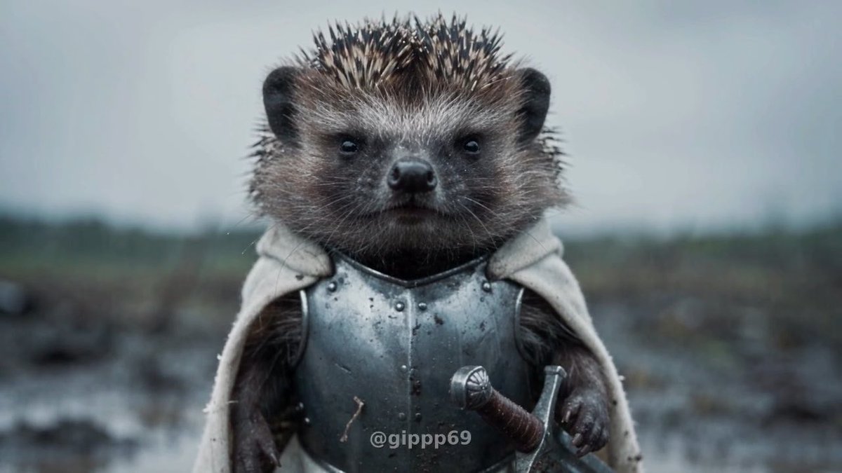 A hedgehog wearing miniature metallic chest plate armor and a tattered cloak, holding a small sword, set against a misty landscape, watermarked with '@gippp69'.