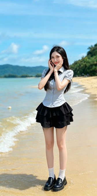 A young woman with long black hair poses on a sunny beach, wearing a white short-sleeved blouse, a black ruffled skirt, white socks, and black loafers, with calm blue waters and distant mountains behind her.