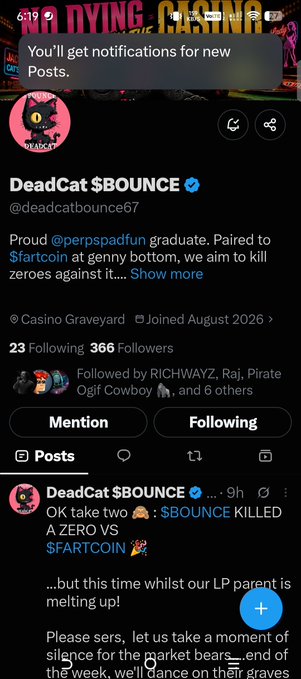A Twitter/X profile screenshot for **DeadCat $BOUNCE** (@deadcatbounce67), a verified account showing 23 Following and 366 Followers, with their latest pinned-style post about $BOUNCE "killing a zero" against $FARTCOIN shown at the bottom.

The caption accompanying the image mentions a "moonbag" — referencing the account's bullish, zero-killing (meaning the price is gaining decimal places in pumping) narrative on the $BOUNCE token against $FARTCOIN.
