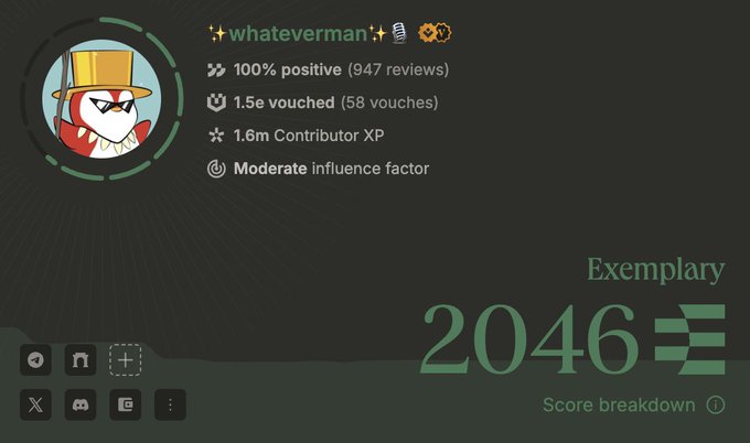 A user profile displays the username "whateverman" with an Exemplary score of 2046, 100% positive feedback from 947 reviews, 58 vouches, 1.5e vouched, 1.6m Contributor XP, and a Moderate influence factor, seemingly showcasing credibility metrics to support the post's claim that the user was not paid by Ethos to post for them.