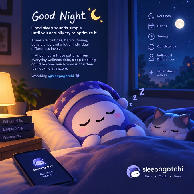 A promotional graphic for 'sleepagotchi' featuring a sleeping plush character and cat in bed, with text about AI sleep optimization, including 'Good Night', 'Routines, Habits, Timing, Consistency, Individual Differences', and 'Better sleep, with AI'.