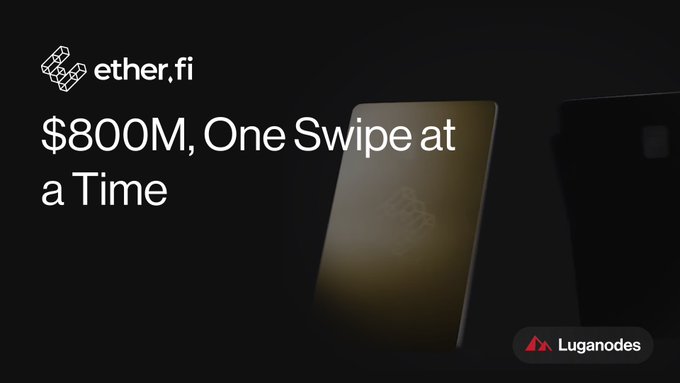 A dark promotional graphic for ether.fi reads '$800M, One Swipe at a Time' alongside a metallic card design, with a Luganodes logo in the corner.