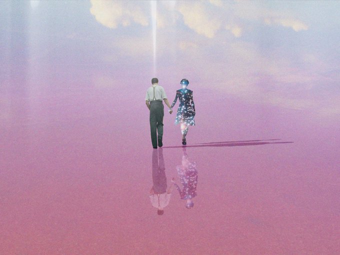 A surreal digital artwork showing a couple walking hand-in-hand across a reflective pink surface beneath a sky with a beam of light; one figure wears a sparkly dress and glowing helmet while the other wears a white shirt and dark pants.