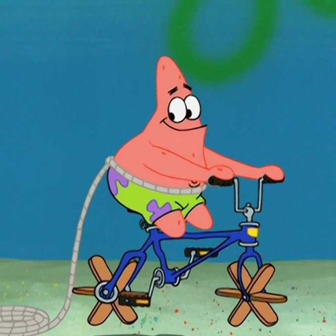 Patrick Star from SpongeBob SquarePants rides a makeshift bicycle with cardboard wheels and a hose trailing behind, appearing excited and energetic. The image humorously represents the post's enthusiastic greeting about making the most of $500 on the weekend, symbolizing budget-friendly creativity and weekend hustle.