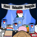 A pixel art illustration depicts the "Most Valuable Penguin" sitting on a stage with a microphone, wearing a red cap and bow tie, with "#1" signs displayed prominently on either side, celebrating the post's recognition of Wade Preston's leadership and advocacy in the crypto space.