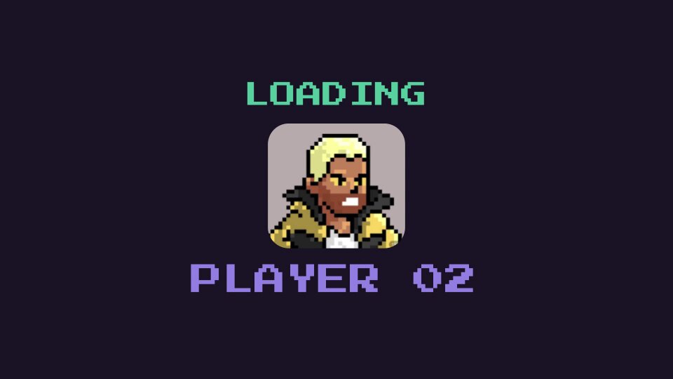 The image features a poster for an ARENA game called "PLAYER 02". The poster displays a cartoon character wearing a yellow jacket, with the text "LOADING" at the top and "PLAYER 02" below it. Below this, there is a description of the game's theme in purple and green colors. The main focus of the image is on the player's name, which is written in white letters against a black background.