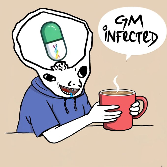 A cartoon alien with a large exposed brain and a DNA pill in its head holds a steaming red mug and says 'GM INFECTED' in a speech bubble.