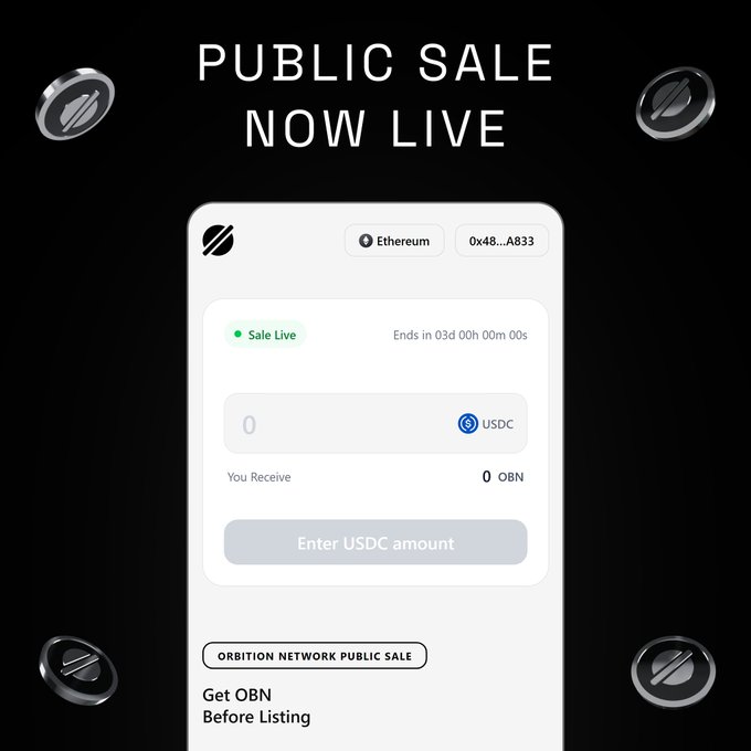 The image announces "PUBLIC SALE NOW LIVE" for the Orbition Network (OBN) public sale on Ethereum, featuring a countdown timer ending in 03d 00h 00m 00s and a USDC-to-OBN purchase interface. The graphic aligns with the post's announcement, directing viewers to sale.orbition.network to participate before listing.