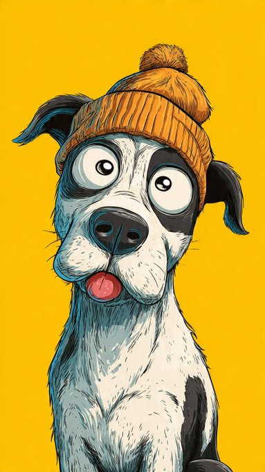 Cartoon illustration of a wide-eyed spotted dog wearing an orange knit beanie with a pom-pom on top, set against a bright yellow background.