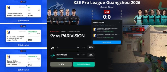 A promotional graphic for the 'XSE Pro League Guangzhou 2026' Grand Final Counter-Strike 2 match features Polymarket betting odds for '9z' and 'PARIVISION' on the left, and team rosters in the center.