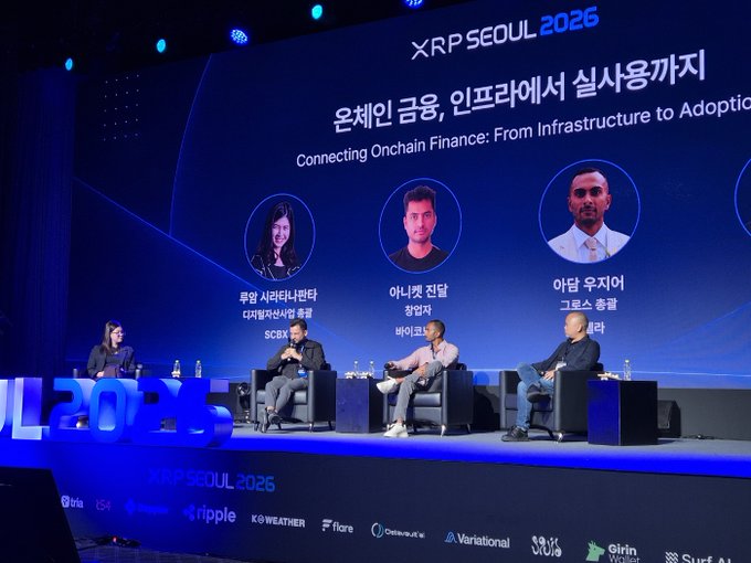 A panel discussion on stage at 'XRP SEOUL 2026' titled 'Connecting Onchain Finance: From Infrastructure to Adoption' features four speakers seated in chairs.