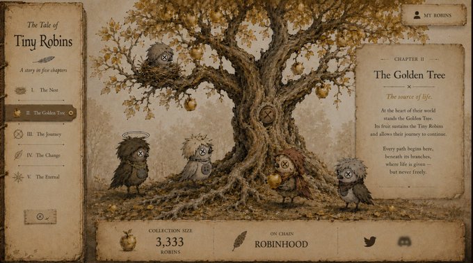 A website page for 'The Tale of Tiny Robins' NFT collection shows Chapter II 'The Golden Tree' with several small bird characters beneath a fruit-bearing tree, indicating a collection size of 3,333 ROBINS.
