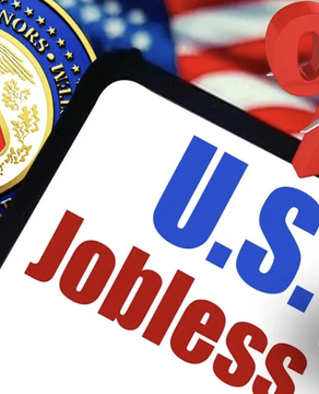 A smartphone with the text "U.S. Jobless" displayed on its screen, set against a backdrop of American flags and a U.S. Treasury seal. The image illustrates the Fed's employment concerns as Waller cites disinflation signals while weighing the possibility of a rate hike in September, reflecting the delicate balance between inflation control and labor market stability.