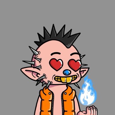 A cartoon illustration of a pink character with spiked black hair, heart-shaped red eyes, gold teeth, and piercings, wearing an orange vest and holding a blue flame.