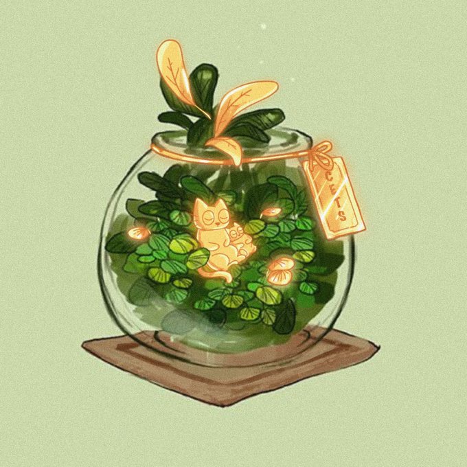 A digital illustration of a glowing golden "CATS" token nestled in a glass terrarium filled with lush green plants, with a small cat figurine resting among the leaves—fittingly tagged with "gm" for a crypto community good morning greeting.
