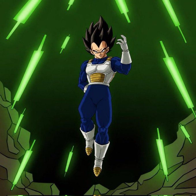 An anime-style illustration of Vegeta from Dragon Ball Z in his Saiyan armor, floating with green energy blasts radiating around him against a dark green background.