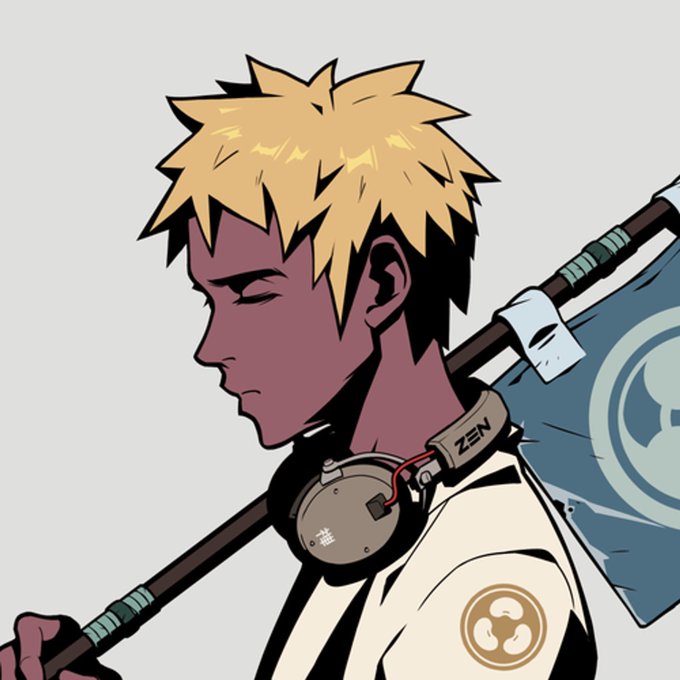 An anime-style illustration of a blonde-haired character in profile wearing headphones around his neck and carrying a staff with a blue flag.